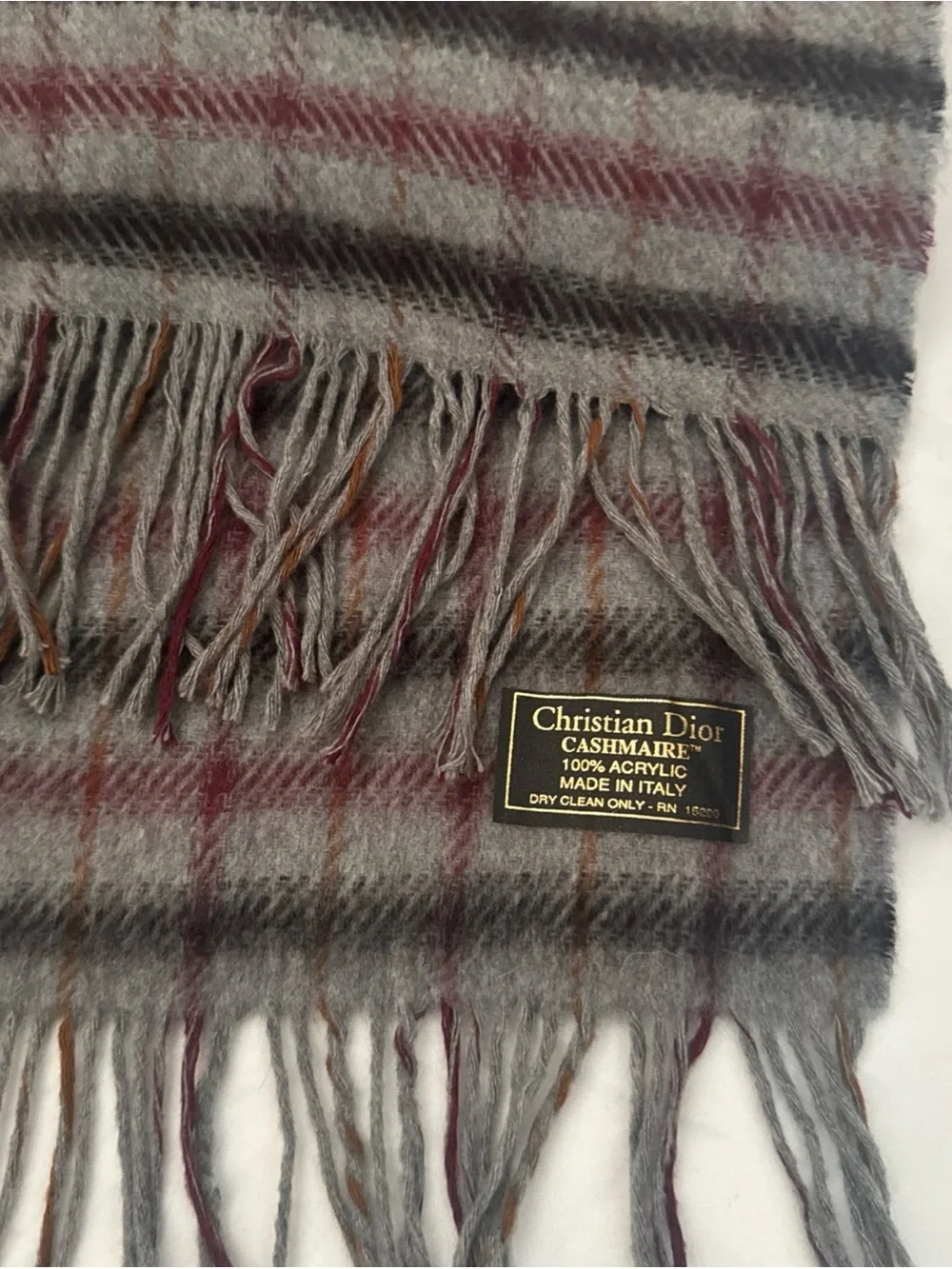 Christian Dior   Grey & Maroon  Wool Scarf